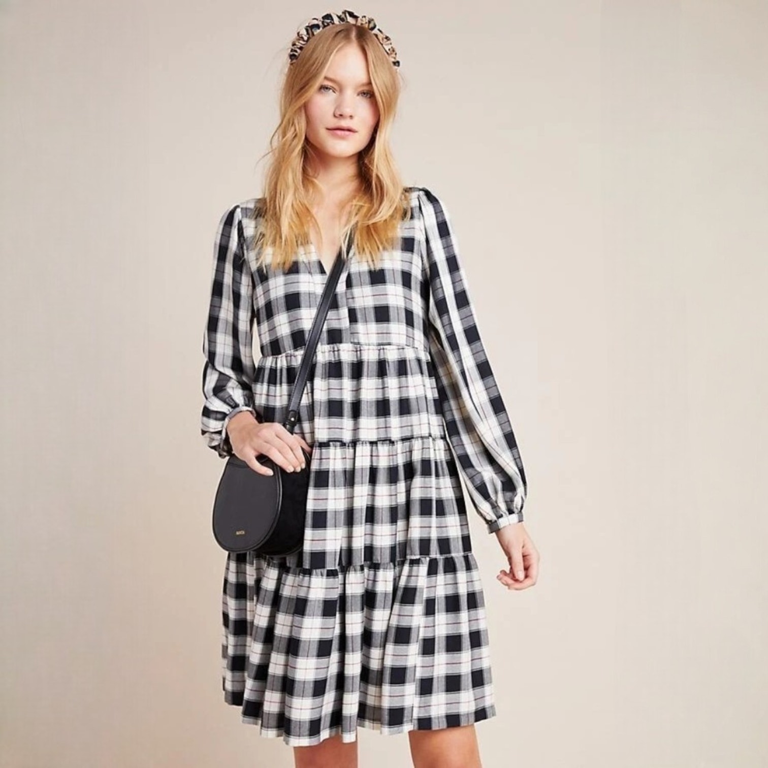 Maeve Amber Plaid Tiered Tunic Black White Size Xs